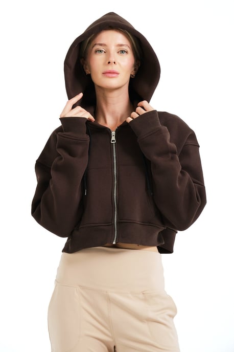 JUSTEVER Crop Hooded Zippered Kangaroo Pocket Raised Hoodie Bitter Coffee Women's Sweatshirt - Lumen - Image 1