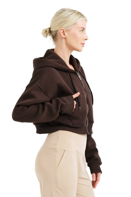 JUSTEVER Crop Hooded Zippered Kangaroo Pocket Raised Hoodie Bitter Coffee Women's Sweatshirt - Lumen - Image 3