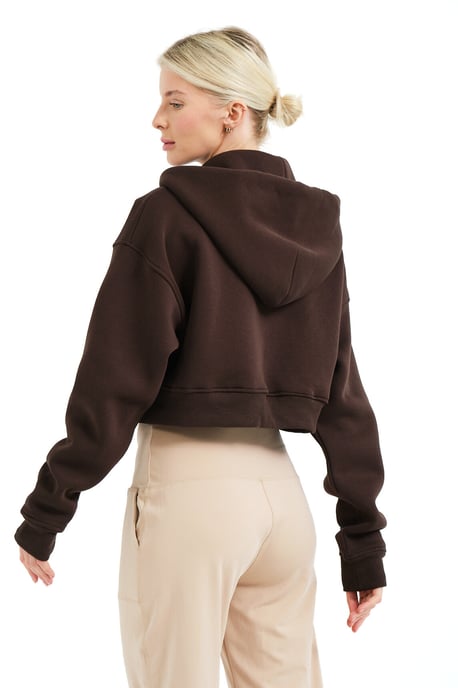 JUSTEVER Crop Hooded Zippered Kangaroo Pocket Raised Hoodie Bitter Coffee Women's Sweatshirt - Lumen - Image 4