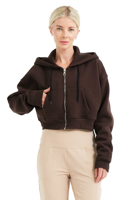JUSTEVER Crop Hooded Zippered Kangaroo Pocket Raised Hoodie Bitter Coffee Women's Sweatshirt - Lumen - Image 5