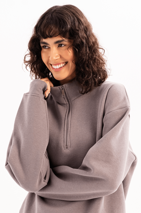 JUSTEVER Oversized Fit Opstaande Kraag Halve Rits Grijze Dames Sweatshirt - Cass - Image 5