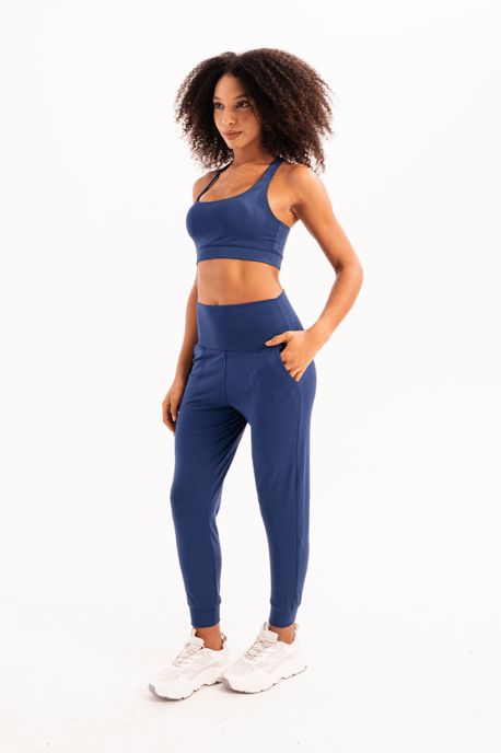 JUSTEVER High Waist Elastic Pocket Relaxed Cut Slimming Jogger Navy Blue Women's Sweatpants - Beat - Image 4