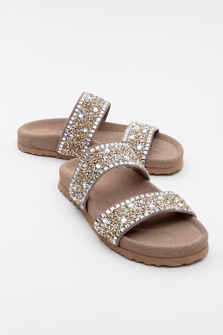 Jamie Leer Double Riem Slide Sandaal with Stones - Image 1