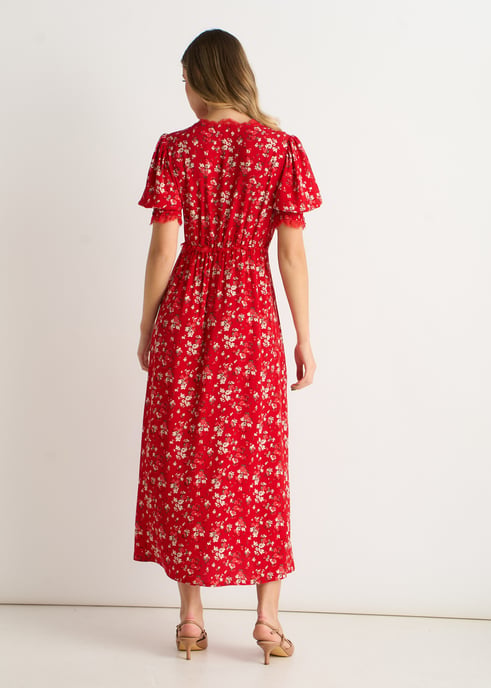 Rode viscose midi-jurk met kanten rand - Image 4
