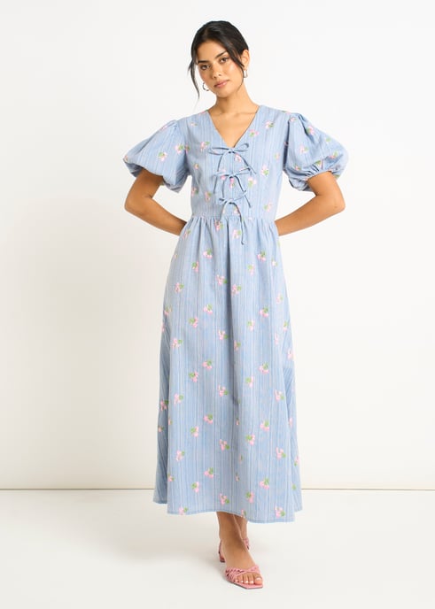 Blauwe katoenmix midi-jurk met strikdetail en pofmouwen - Image 1