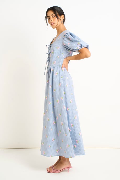 Blauwe katoenmix midi-jurk met strikdetail en pofmouwen - Image 3