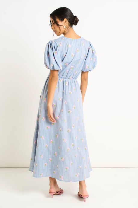 Blauwe katoenmix midi-jurk met strikdetail en pofmouwen - Image 4
