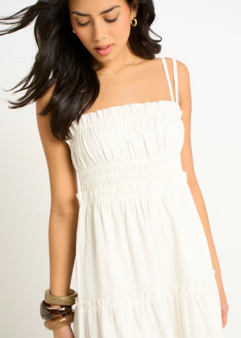 Witte katoenen maxi-jurk met ruches en bandjes - Image 2
