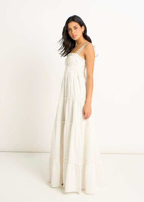 Witte katoenen maxi-jurk met ruches en bandjes - Image 3