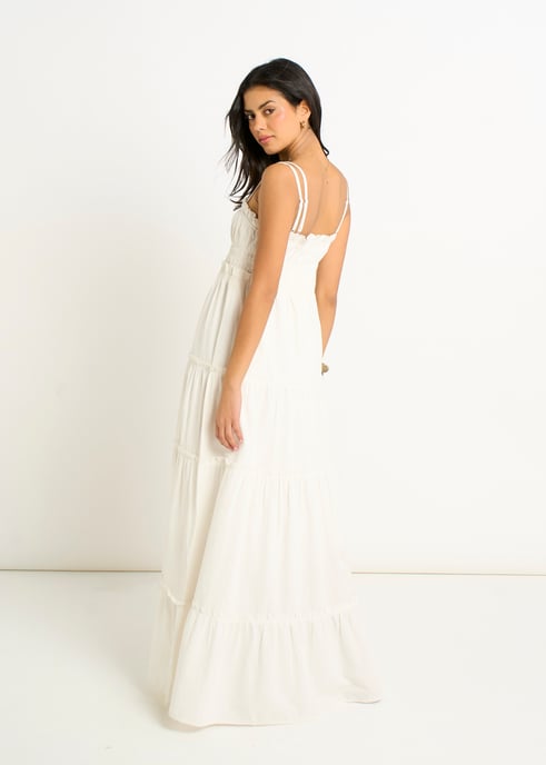 Witte katoenen maxi-jurk met ruches en bandjes - Image 4