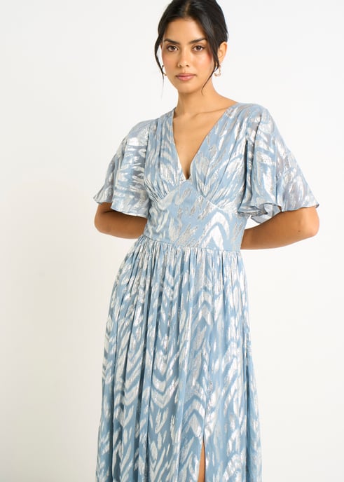 Blauwe metallic print maxi-jurk met korte mouwen - Image 2