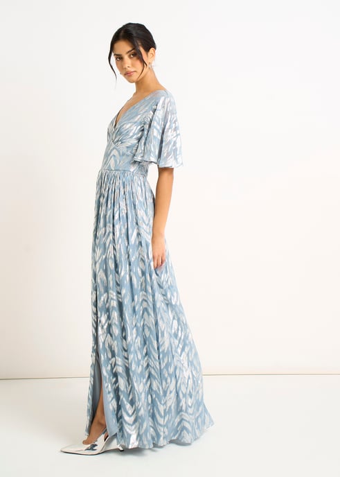 Blauwe metallic print maxi-jurk met korte mouwen - Image 3
