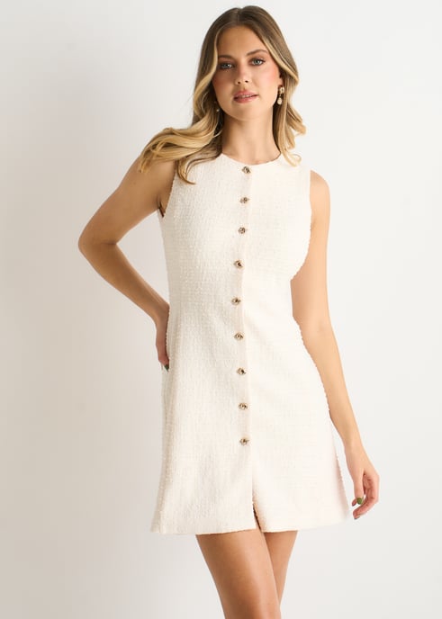 Crèmekleurige bouclé mini-jurk met knopen - Image 2