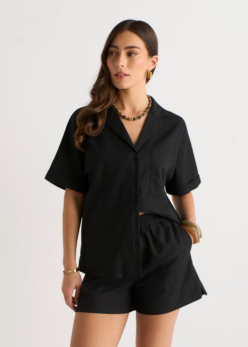 Zwart linnen mix oversized overhemd met knopen - Image 2