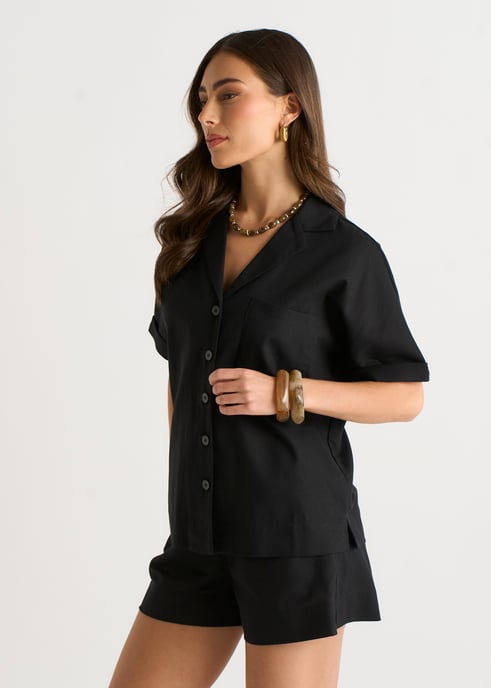 Zwart linnen mix oversized overhemd met knopen - Image 3
