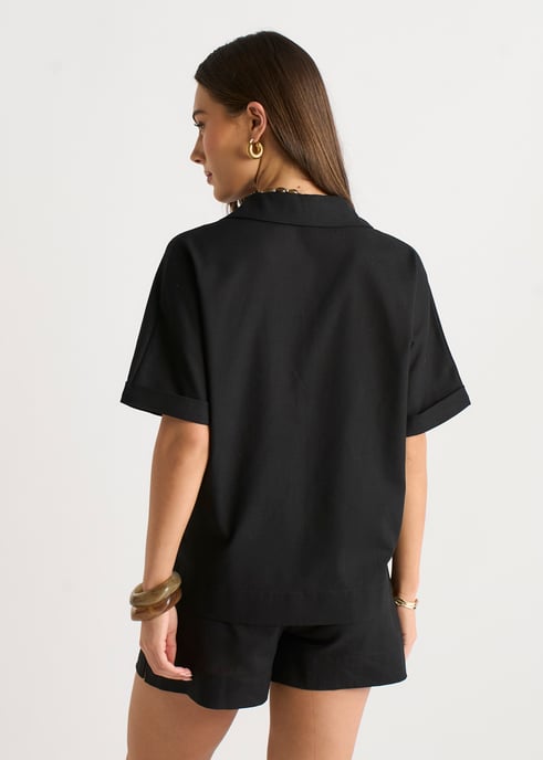 Zwart linnen mix oversized overhemd met knopen - Image 4