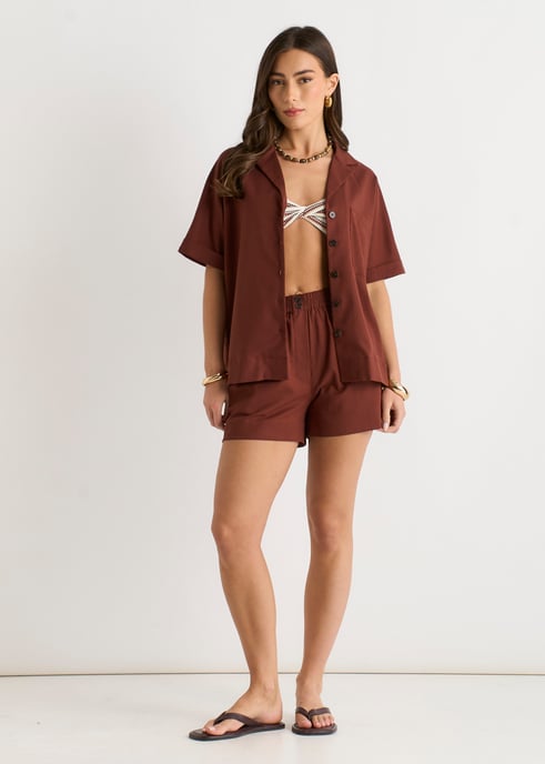 Oversized overhemd met knopen van chocoladebruin linnenmix - Image 1