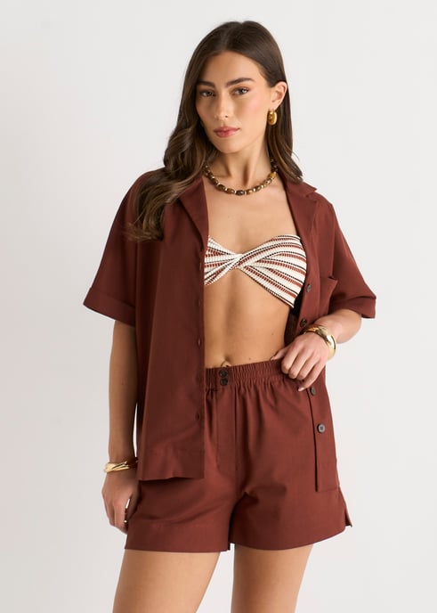 Oversized overhemd met knopen van chocoladebruin linnenmix - Image 2