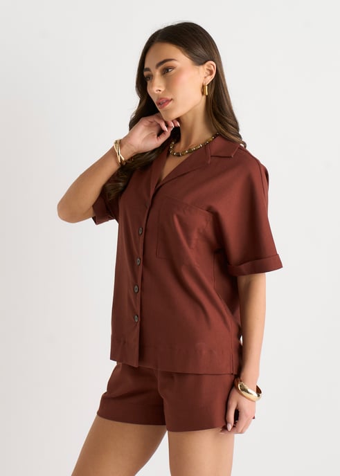 Oversized overhemd met knopen van chocoladebruin linnenmix - Image 3