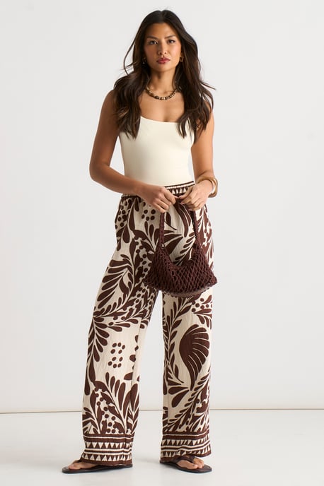 Chocoladebruine broek met elastische tailleband en randprint - Image 1
