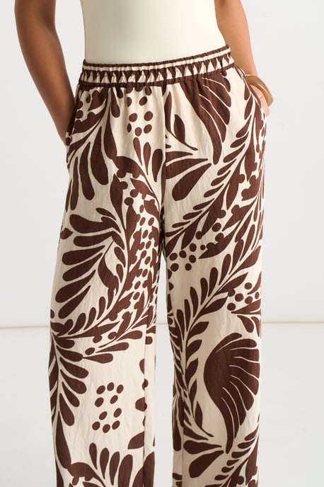 Chocoladebruine broek met elastische tailleband en randprint - Image 2