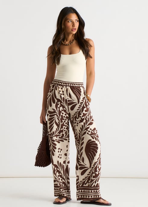 Chocoladebruine broek met elastische tailleband en randprint - Image 3