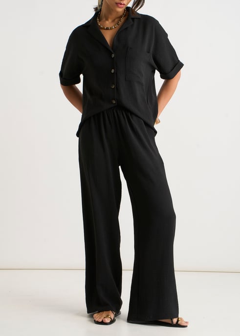Zwarte elastische taille broek met wijde pijpen - Image 1