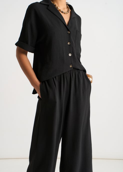 Zwarte elastische taille broek met wijde pijpen - Image 3