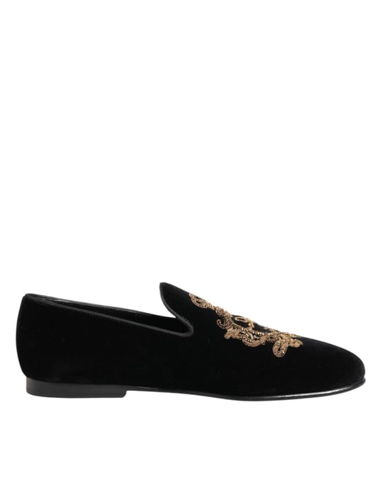 Dolce & Gabbana Zwarte Fluwelen Gouden Kroon Heren Instappers - Image 1