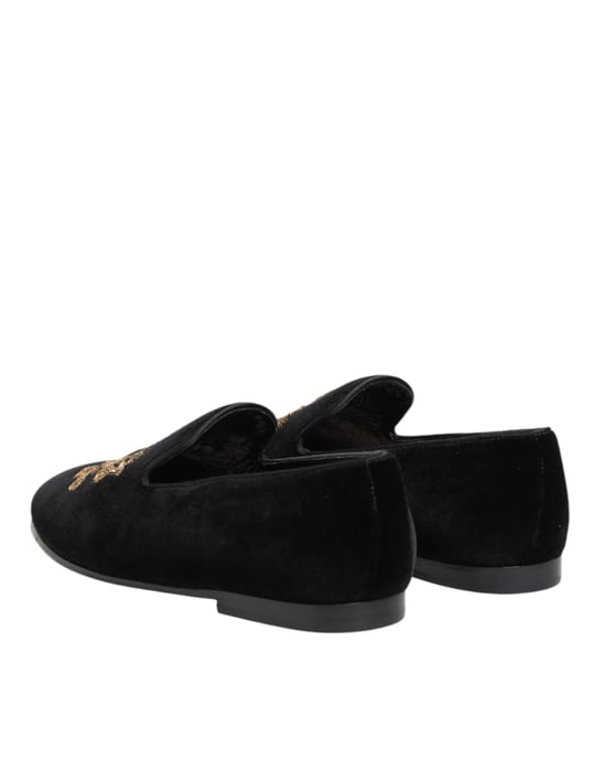 Dolce & Gabbana Zwarte Fluwelen Gouden Kroon Heren Instappers - Image 6
