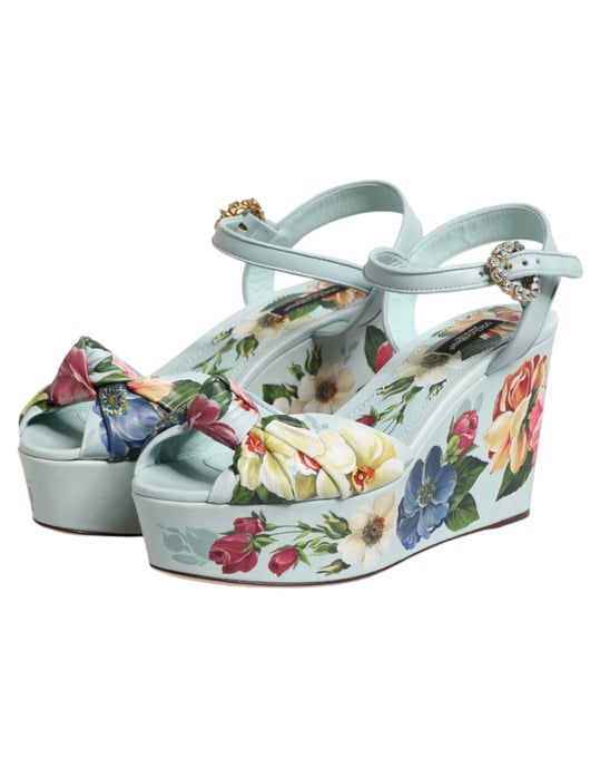 Dolce & Gabbana Groene Bloemen Enkelband Wedge Sandalen Schoenen - Image 5