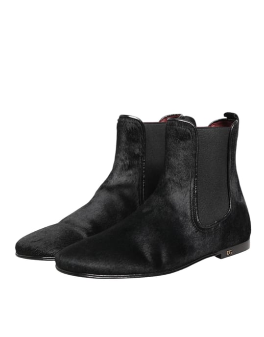 Dolce & Gabbana Zwarte Leren Bont Heren CHELSEA Boots Schoenen - Image 5