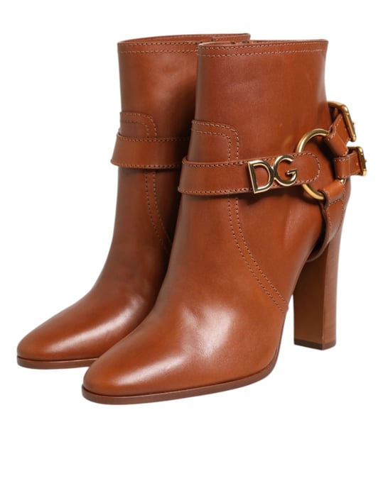 Dolce & Gabbana Bruine Leren DG Logo Gesp Enkelboots Schoenen - Image 6
