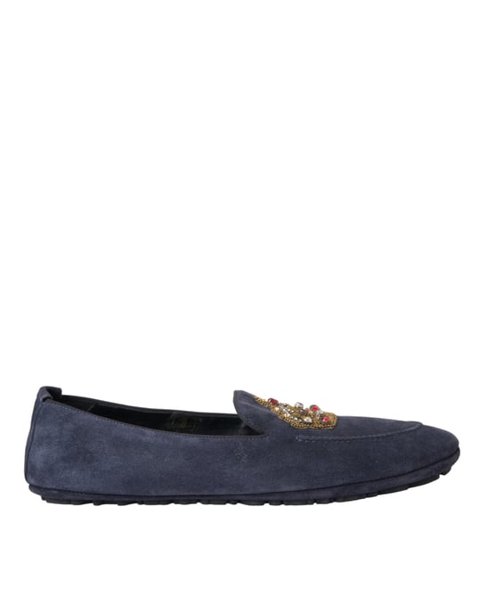 Dolce & Gabbana Blauwe Leren Suède Kristallen Kroon Loafers Schoenen - Image 1