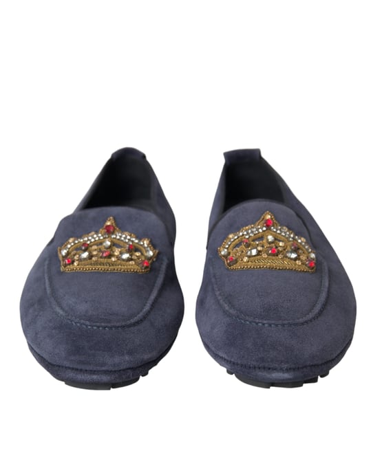 Dolce & Gabbana Blauwe Leren Suède Kristallen Kroon Loafers Schoenen - Image 2
