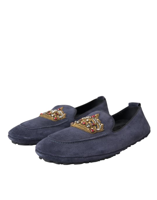Dolce & Gabbana Blauwe Leren Suède Kristallen Kroon Loafers Schoenen - Image 3