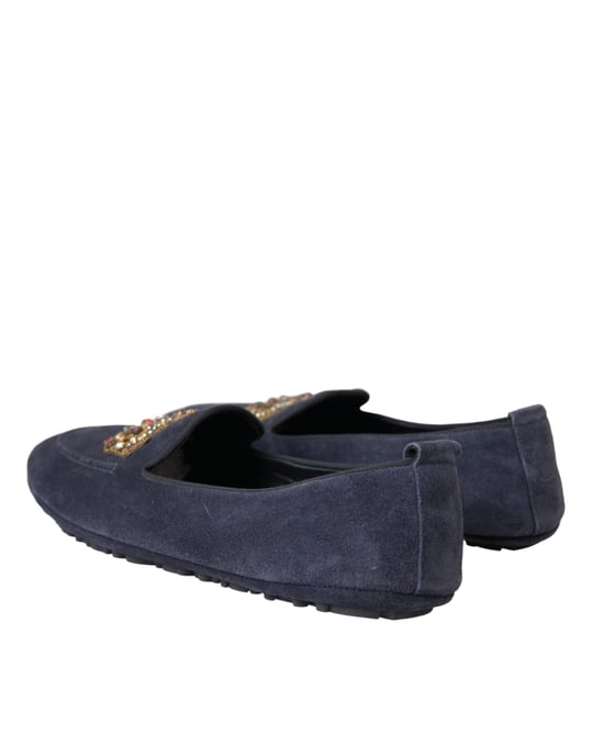 Dolce & Gabbana Blauwe Leren Suède Kristallen Kroon Loafers Schoenen - Image 4