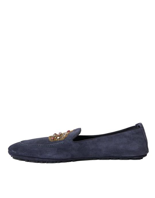 Dolce & Gabbana Blauwe Leren Suède Kristallen Kroon Loafers Schoenen - Image 5