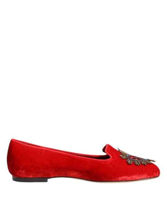 Dolce & Gabbana Rode Fluwelen DG Hart Instappers Flats Schoenen - Image 1