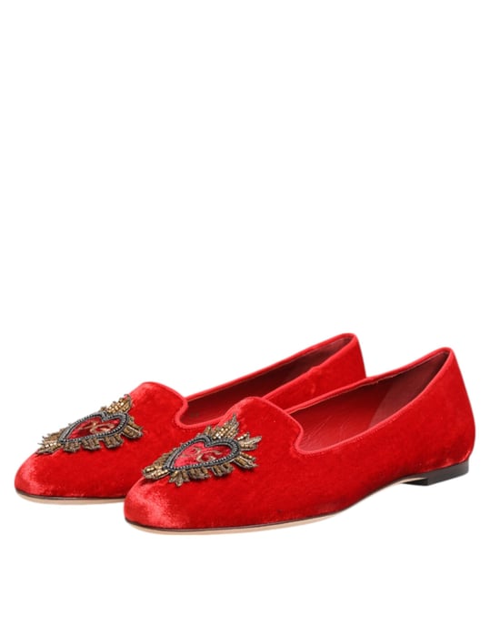 Dolce & Gabbana Rode Fluwelen DG Hart Instappers Flats Schoenen - Image 3