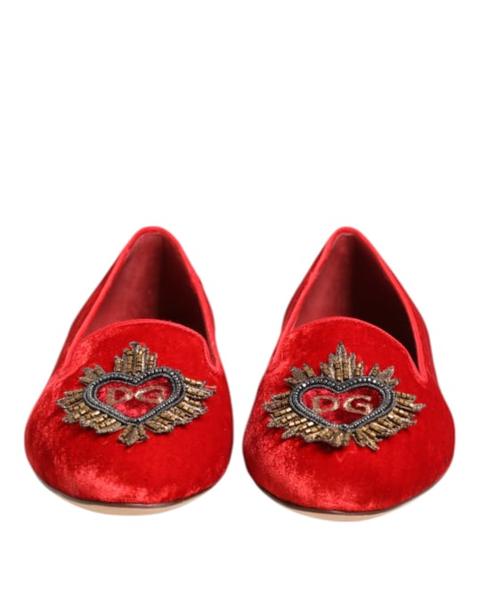 Dolce & Gabbana Rode Fluwelen DG Hart Instappers Flats Schoenen - Image 4