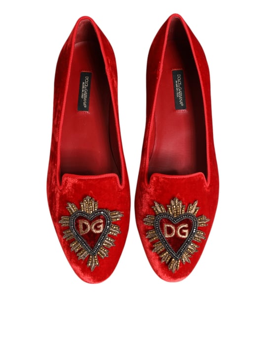 Dolce & Gabbana Rode Fluwelen DG Hart Instappers Flats Schoenen - Image 5