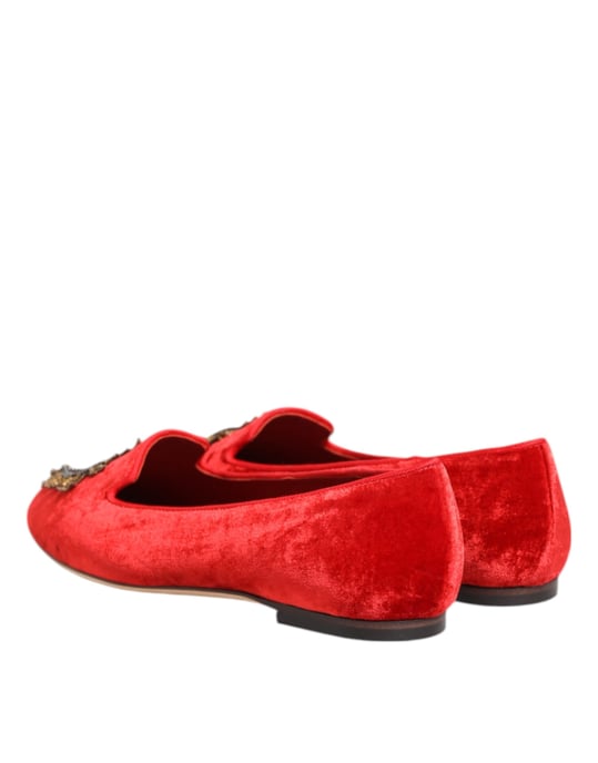 Dolce & Gabbana Rode Fluwelen DG Hart Instappers Flats Schoenen - Image 6