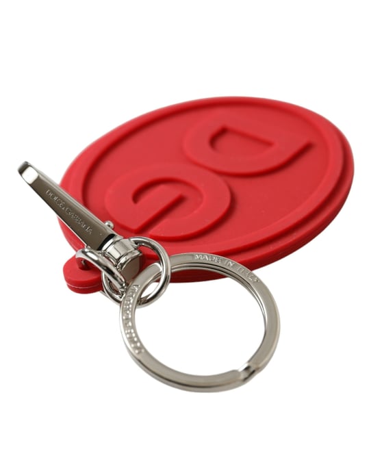 Dolce & Gabbana Rode Rubberen DG Logo Zilveren Messing Sleutelhanger Sleutelring - Image 4