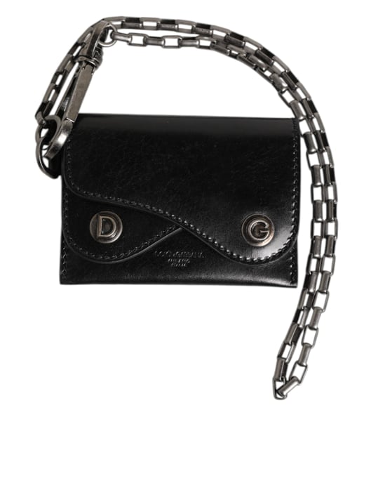 Dolce & Gabbana Zwarte Cavallo Leren Portemonnee Ketting Drukknop Bifold Kaart Houder - Image 2