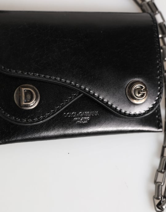 Dolce & Gabbana Zwarte Cavallo Leren Portemonnee Ketting Drukknop Bifold Kaart Houder - Image 3