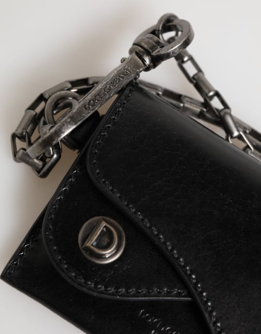 Dolce & Gabbana Zwarte Cavallo Leren Portemonnee Ketting Drukknop Bifold Kaart Houder - Image 4
