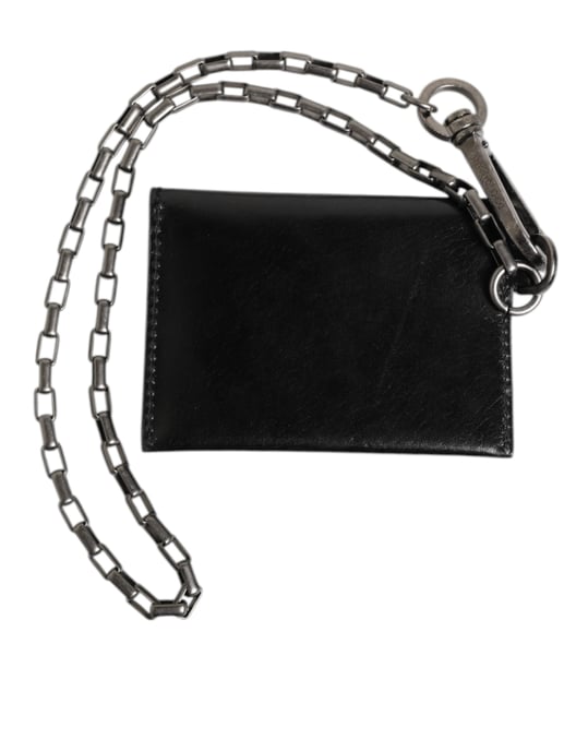 Dolce & Gabbana Zwarte Cavallo Leren Portemonnee Ketting Drukknop Bifold Kaart Houder - Image 5