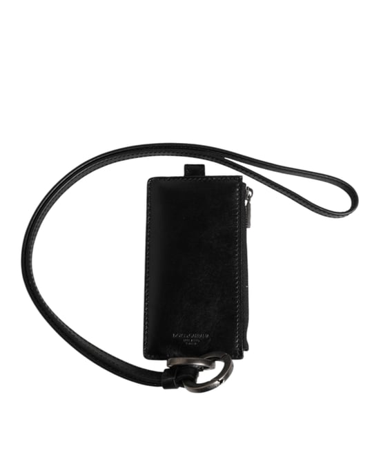 Dolce & Gabbana Zwarte Leren Logo Gecaptionneerde Lanyard Kaarthouder Portemonnee - Image 1