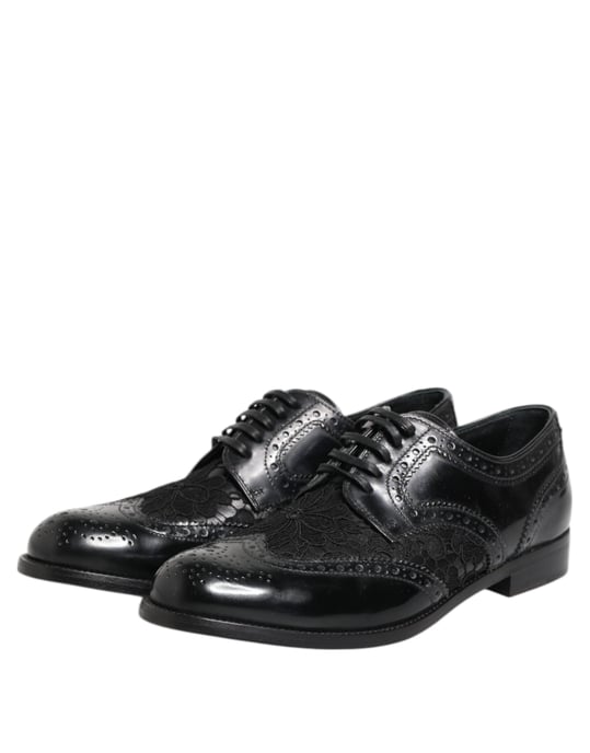 Dolce & Gabbana Zwarte Leren Floral Kant Jurk Formele Schoenen - Image 5